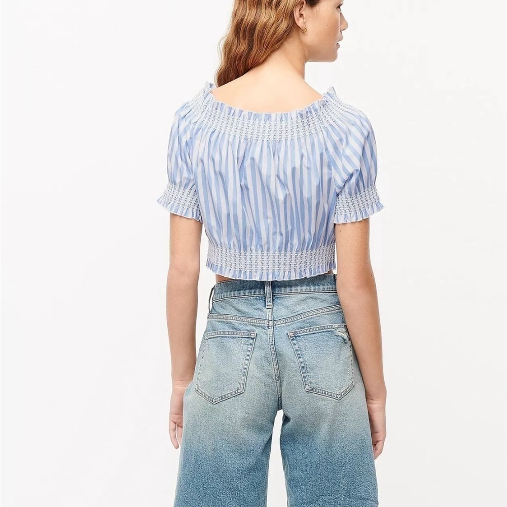J. Crew | Puff Sleeve Smocked Top Blue and White Stripes Cropped Large - Picture 3 of 8